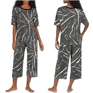 DKNY Womens Pajama Set Soft Comfy Cozy Knit Black White Crop Sleep PJs L 12 14